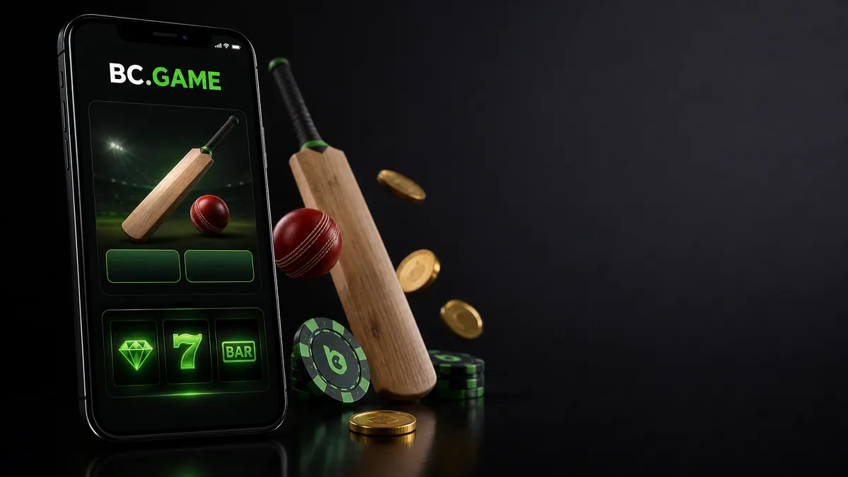 Smartphone showing the BC.Game app with a cricket betting card and casino slot symbols, next to a cricket bat and ball, chips and gold coins